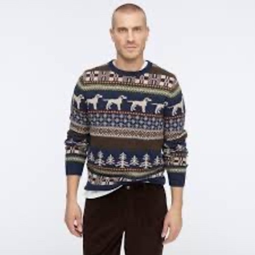 J.Crew EUC Mens Fair Isle Dog Pine Tree Wool Sweater Blue Green Crewneck Large